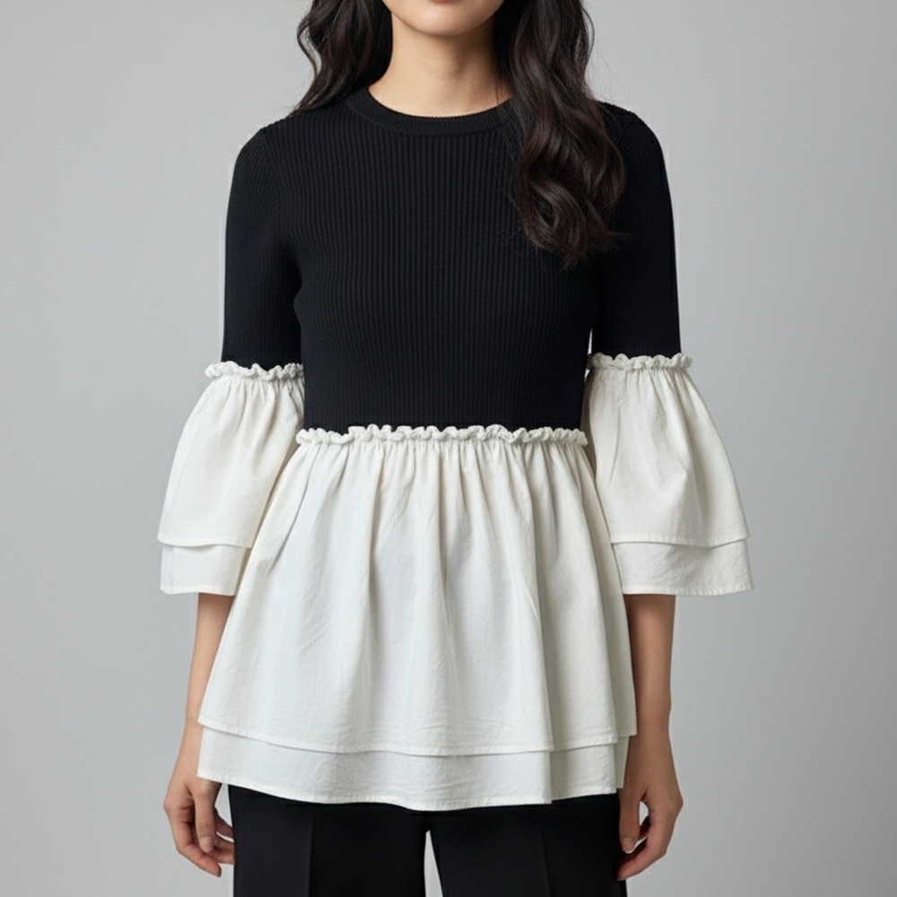 Maeve by Anthropologie Black and White Ruffle Women's Top